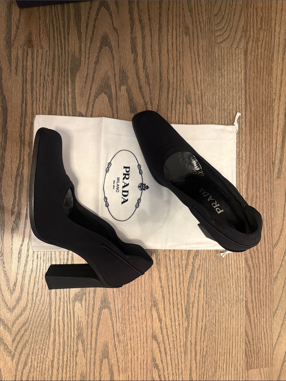Prada Black Square-Toe Block Heel Pumps